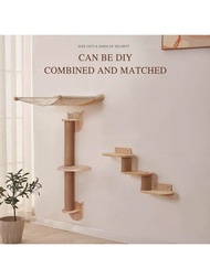 1pc Natural Wooden Cat Wall Shelf, Wall Mounted Cat Scratching Post With Sisal Rope, Holds Up To 12k