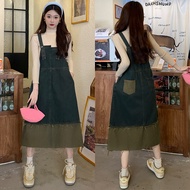Women's Jeans Jumpsuit Overalls Skirt/Korean Style Contrast Color Stitching Denim Suspender Skirt For Women/Irregular Slimming Loose Dress