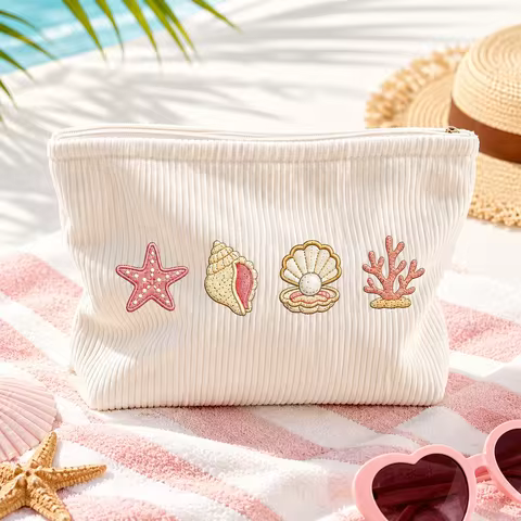Cosmetic Bag Soft Corduroy Sea Embroidery Cosmetic Bag Large Capacity Travel Makeup Pouch for Women