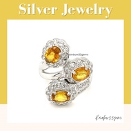 yellow sapphire แหวนเงินแท้925 ประดับพลอยบุษราคัมบางกะจะ สีเหลืองทอง พลอยแท้ พลอยไทย