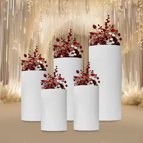 5Pcs Cylinder Pedestal Stand, Metal Cylinder Stands for Party Event Decor White Cylinder Pedestal St