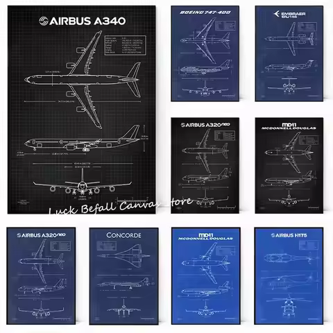 Air Force Plane Airbus A-340 B-747 Patent Prints Airplane Poster Fighter Blueprint Canvas Painting W