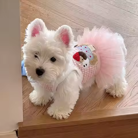 Cute Cartoon Dog Pattern Dog Strap Summer New Pet Dress Teddy Classic Checkered Cat Clothes Cute Bic