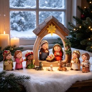 Nativity Set Light Up 12Pcs Resin Nativity Scene & Cute Figures Christmas Tabletop Decor Meaningful