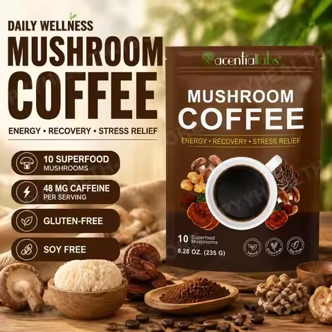 Mushroom Coffee Powder with 10 Functional Mushrooms, 48mg Caffeine, Steady Energy & Focus, Plant-Bas