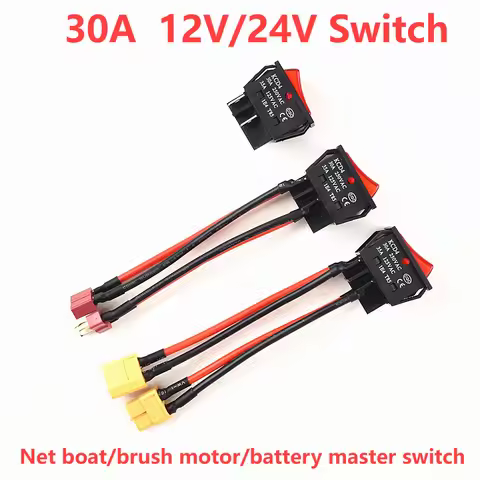 30A 32A 50A 12V 24V Battery Main Switch Large Current On-off with XT60/T Plug 14AWG Wire for RC Tug/
