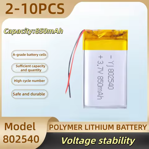 850mAh 3.7V Li-Polymer Battery 802540 Rechargeable Cell for Solar Light, GPS Tracker, DIY Electronic