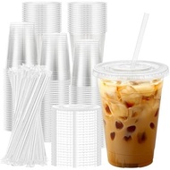 Lamosi 100 Pack 16 Oz Clear Plastic Cups with Lids and Straws, Disposable Plastic Coffee Cups with L
