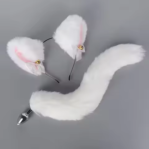 Plush Cat Ear Hairband Faux Fur Hairband with Tail Cosplay Anal Plug for Easter Party Costume Access