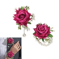 LU Elegant Rose Bridal Wrist Corsage and Boutonniere Set for Wedding Ceremonies