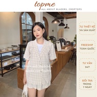 [Real Photo] Women'S Short Sleeve Blazer Oversize, Women'S Blazer Set Luxurious White Plaid Thighs | Topme SB03