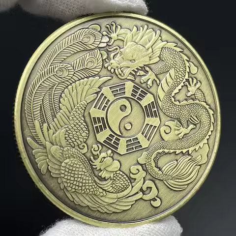 Chinese Dragon and Phoenix Bring Luck Coin Ancient Bronze Taiji Challenge Coin Eight Diagram Collect
