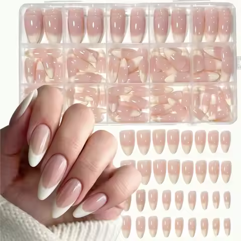 150pcs Light Pink Ombre White French Press On Nails Glossy Medium Almond French Tip Fake Nails Full 