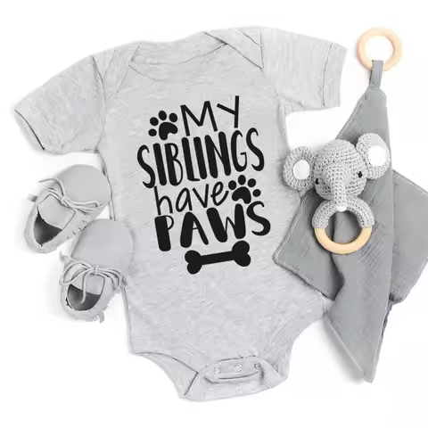 My Siblings Have Paws Newborn Baby Bodysuit Summer Short Sleeve 100% Cotton Jumpsuit Toddler Infant 