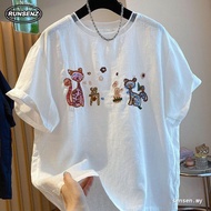 M-4XL Fashion Animal Embroidery Tshirt Women Plus Size Loose Short Sleeve Linen Top