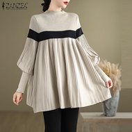 Zanzea เสื้อผู้หญิงแขนโคมไฟสไตล์เกาหลีเสื้อผู้หญิงคอสูงสีตัดกันเสื้อเสื้อลำลอง #241113