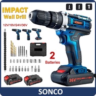 SONCO Cordless Impact Drill Screwdriver Hammer Drill 3 Mode 12v 18v 24v 36v 2 Speed With LED Light Work Multifunctional Electric Impact Cordless Drill High-power Lithium Bat-tery Wire-less Rechargeable Hand Drills Home DIY Electric Power Tools