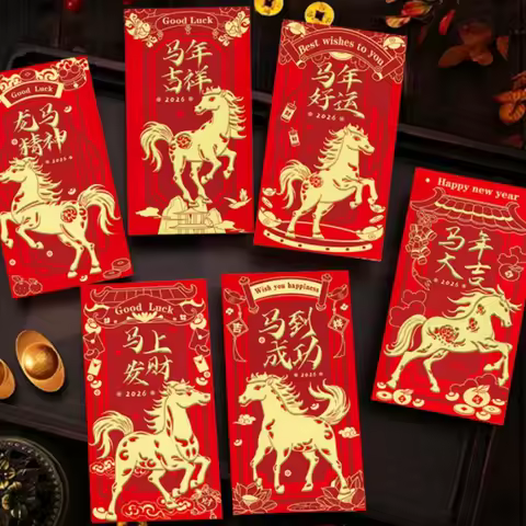 6pcs 2026 Year of the Horse Spring Festival Red Envelopes Chinese Lunar New Year English Red Packets