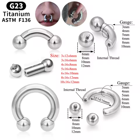 G23 Titanium 00G-8G Horseshoe Nose Ring Barbell Internal Thread Large Gauge Eyebrow Piercing Ear Exp