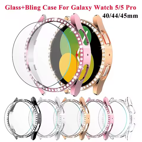 Diamond Case+Glass for Samsung Galaxy Watch 5 Pro 45mm Bling PC Bumper Cover Screen Protector for Ga