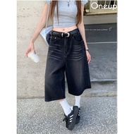 Korean Version Retro Black 7-Point Denim Wide Pants 7-Point Cropped Jeans Women Wide-Leg High Waist