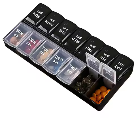 Weekly Pill Organizer 2 Times a Day Easy Fill & Open AM/PM Medicine Box 7 Day Vitamin Cases Day and 