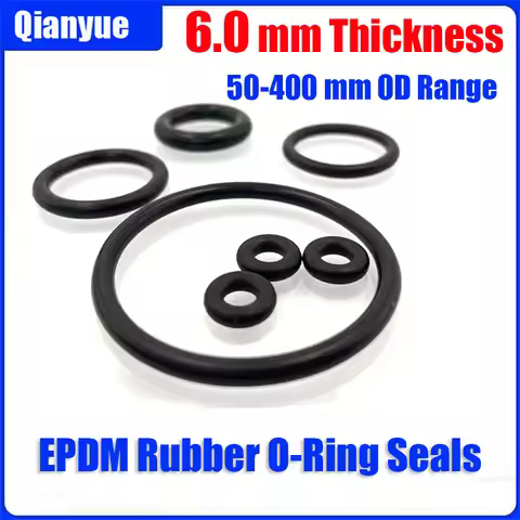 EPDM Rubber O-Ring Seals 6mm Wire Diameter x 50-400mm OD, High Resistance to Oil/Acid/Ozone, for Ind
