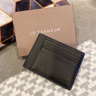 法國百年精品 Le Tanneur 黑色牛皮藍線車縫大容量超薄短夾卡夾.皮夾