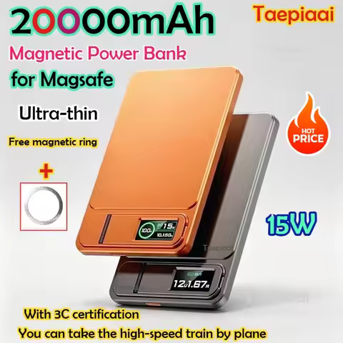 Taepiaai 20000mAh Magnetic Power Bank 15W PD20W Wireless Thin Card-Sized Slim Portable Powerbank for
