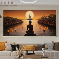 Perilla-Modern oblique cut golden leaning Buddha statue canvas mural religious Buddhist art poster a