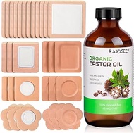 32Pcs Castor Oil Pack with 8oz Castor Oil Organic Cold Pressed, Cotton Castor Oil Wrap for Waist Back Neck Arm, Self-Adhesive for Convenient Use