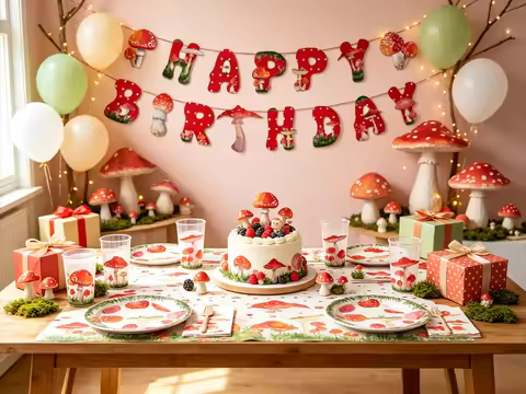 NewRed Mushroom Garden Birthday Party Decor Tableware Kit,Paper Plate Cups Napkin,Mushroom Garden Th