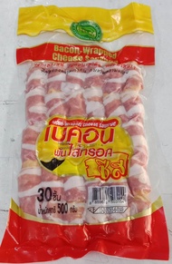 ไส้กรอกชีสรสดีพันเบคอน น้ำหนัก 500 กรัมมี 30 ชิ้น นำไปย่างหรือทอดไฟปานกลาง ทานกับน้ำจิ้มลูกชิ้น ยิ่ง