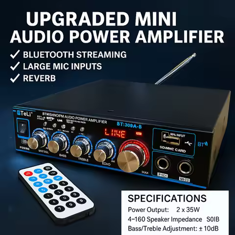 BT-309A-B Mini Audio Amplifier 35Wx2/Bluetooth USB SD FM AUX Mic Input with Echo/DC12V/AC220V Power 