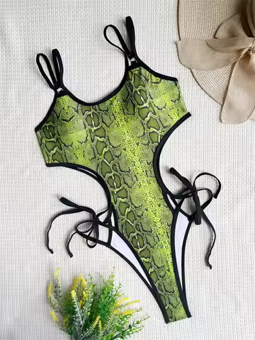 Green Snake Bikini Extreme String Monokini High Leg Cut Swimsuit Women Beach Outfit Vacation Swimwea