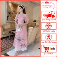 Modern Silk ao dai with square neck design and 2 straps - high quality flower appliqué - Thu Ha Silk