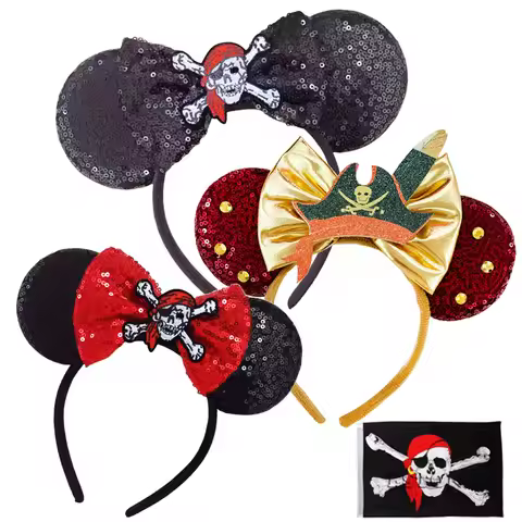 Skull Crossbones Pirate Mickey Mouse Ear Headband Women Adult Cosplay Halloween Hairband Festival Pa