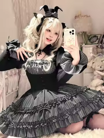 Winter Gothic Lolita Elegant 3 Piece Sets Women Y2k Stripe Design Blouse+ Retro Vets + Pleated Chic 