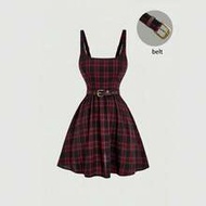 Women's Red Plaid Mini Dress With Belt Square Neck Sleeveless A Line Skater Black And Red Summer 194