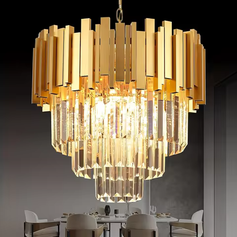 Modern Round Gold K9 Crystal Chandelier, Adjustable 3-Tier Rustproof K9 Crystal Chandelier for dinin