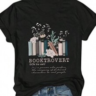 Flower And Book Print Casual Women's Round Neck Short Sleeve T-Shirt Top, BOOKTROVERT A Person Who P