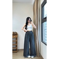 FIGO Quan450_P6K6 loose, high-waisted scratched silk jeans with checkered hem