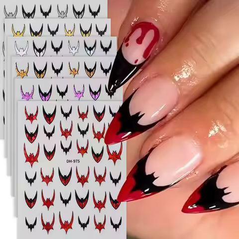 6pcs Bat Glitter French Tips Nail Sticker Laser Sparkle Halloween Bat Design Decals 3D Holo Charms Y
