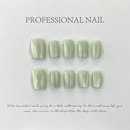 【HANDMADE】Artificial Nail Jade Lover Exquisite Cat Eyes Phototherapy Nails Fake Nails Reusable and R