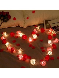 1入組led泡沫玫瑰花串燈,小型燈籠,由電池盒供電,適用於情人節婚禮,房間花園裝飾夜燈,節日裝飾,浪漫的情人節求婚創意玫瑰