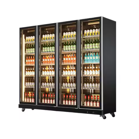 Supermarket Vertical Wine Instant Beverage Coolers 4 Glass Doors Display Fridge with Air Cooling Ref