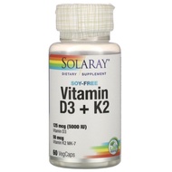 [พร้อมส่ง] วิตามินดี วิตามินเค Solaray Vitamin D3 + K2, Soy-Free 125mcg(5000 IU), 60 VegCaps