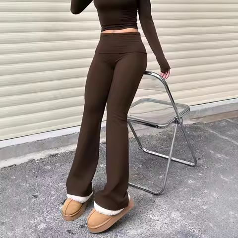 ONE TO WAN Women's Casual Solid Color Wide-waist Flare Pants Leggings Fold-over Waist High Waist Ruc