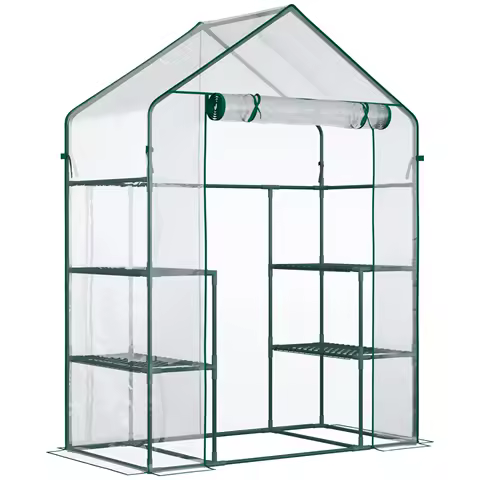 Outsunny Mini Walk-in Greenhouse Kit | Portable 3 Tier Shelves | Roll-Up Door | Weatherized Cover | 