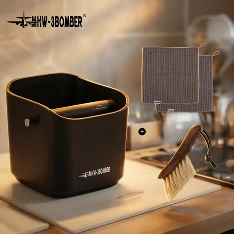 MHW-3BOMBER Espresso Knock Box Set 1.2L Coffee Grounds Bucket with Removable Knock Bar and Clean Bru